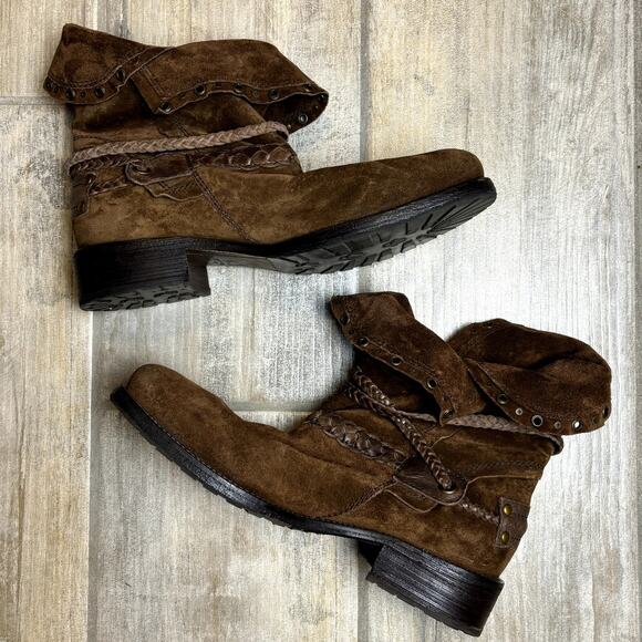 Trask Naomi Women's Brown Sheep Leather Suede Stacked Heel Ankle Boots 8M - Picture 1 of 3